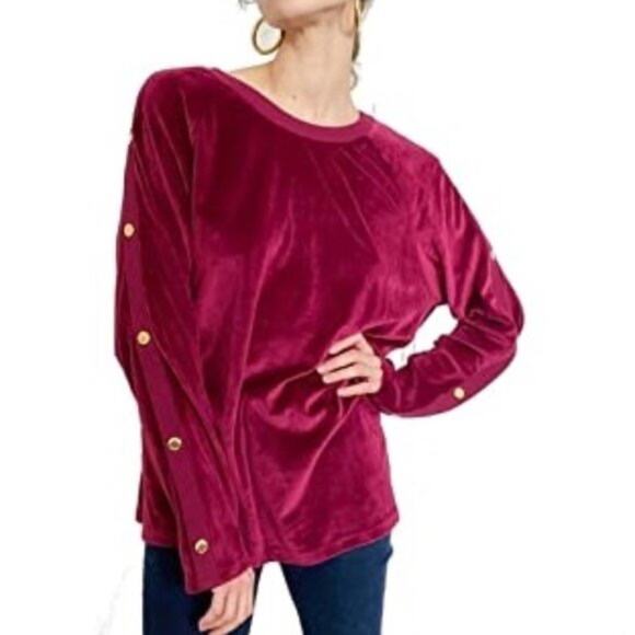 Michael Michael Kors Velour Pullover Gold Button Burgundy Small - Picture 1 of 2
